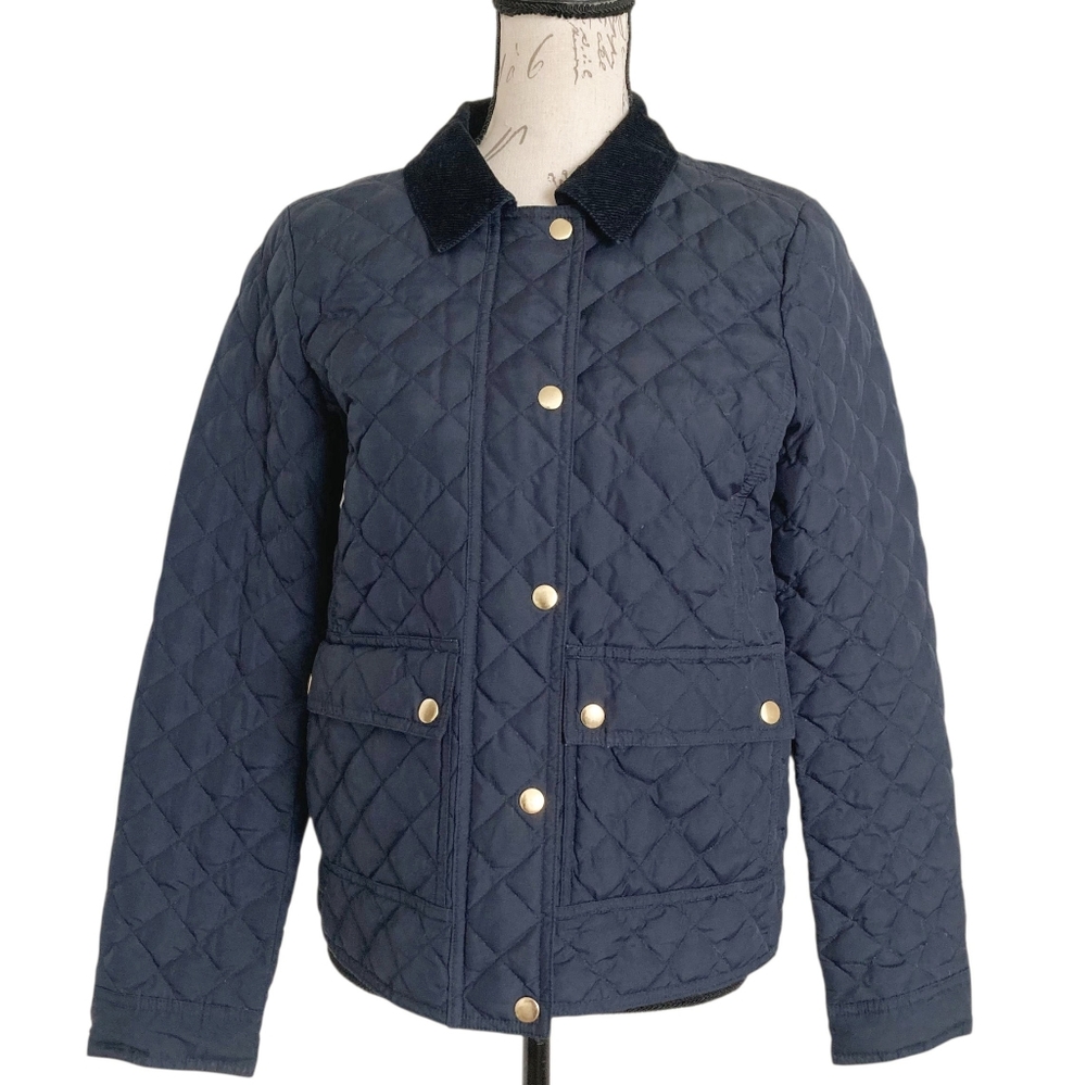 J. Crew Barn Quilted down Jacket Coat size S Navy Blue Corduroy collar Preppy - Picture 5 of 17